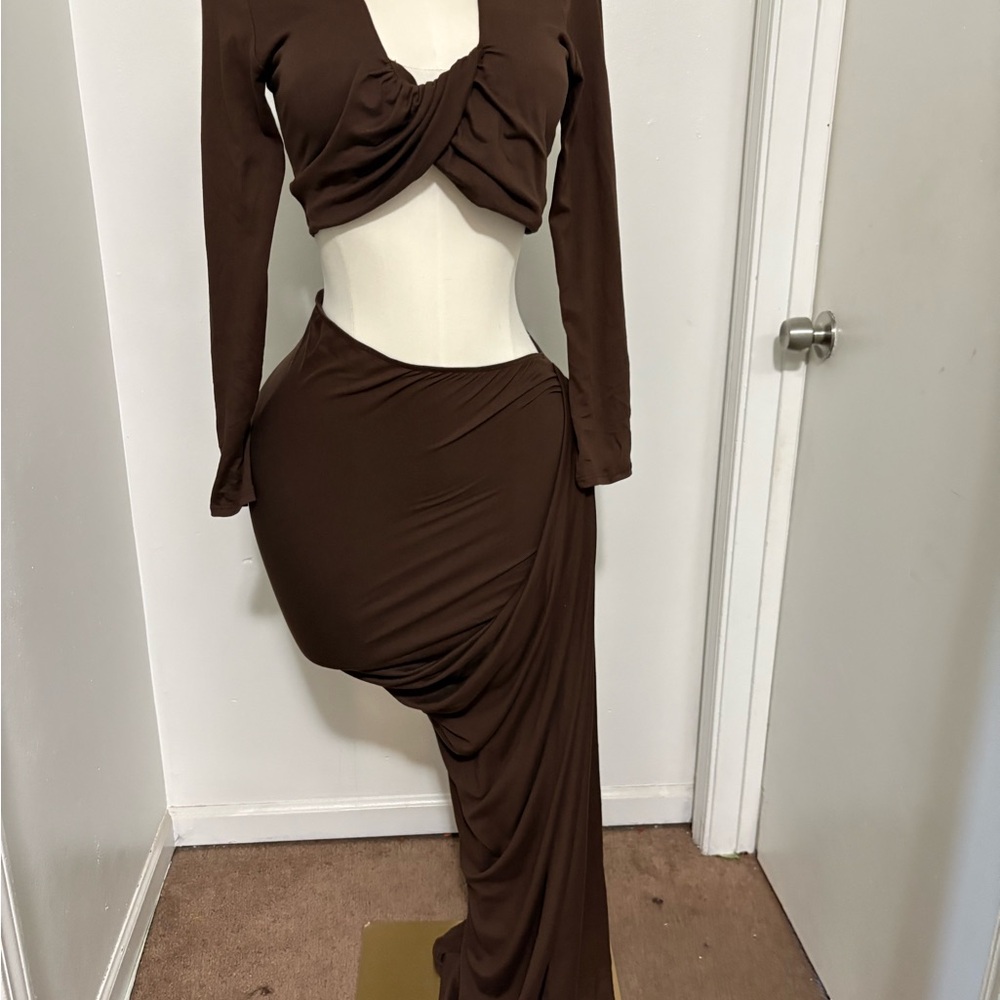 Women's Brown Draped Maxi Skirt Set - Chic Asymmetric Silhouette NWT XL